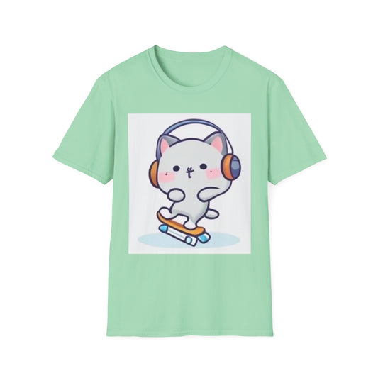 Cute Cat Skateboarding Unisex Softstyle T-Shirt - Fun, Casual Wear for Animal Lovers